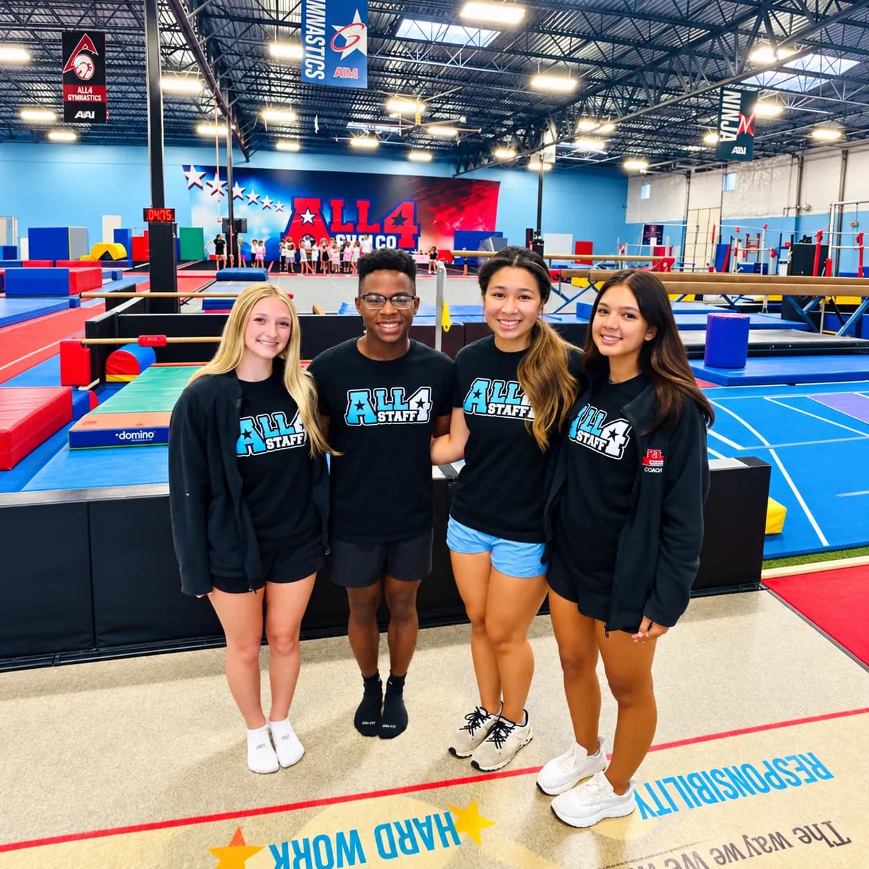 Four coaches in black All 4 Staff shirts standing together in the gym