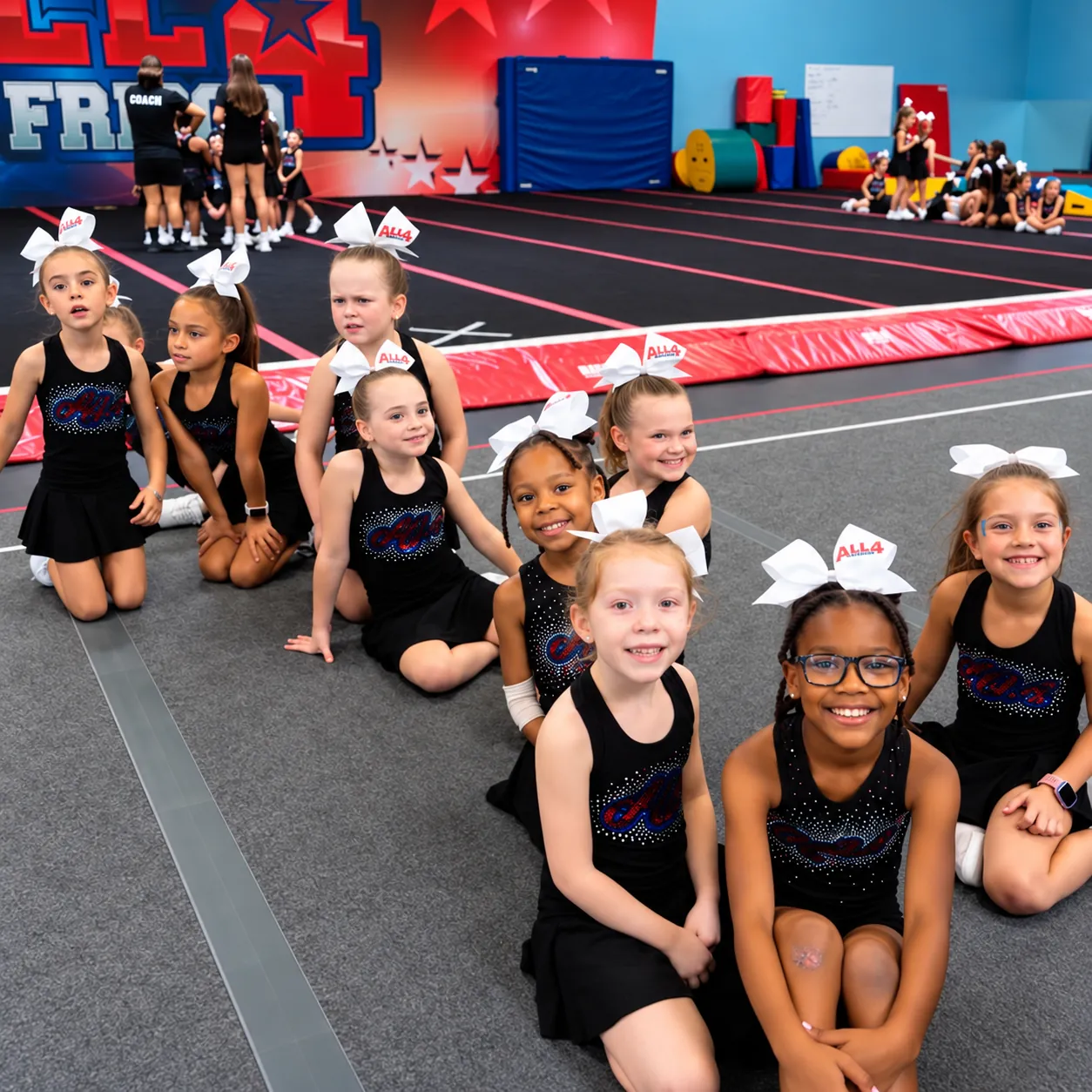 A group of young cheerleaders in black All 4 uniforms and white bows sitting together on the gym floor