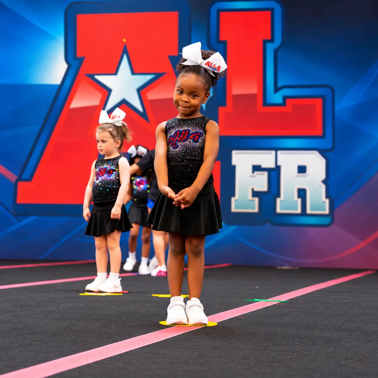 A young cheerleader in a black All 4 uniform and white bow standing on a floor marker as teammates line up behind her