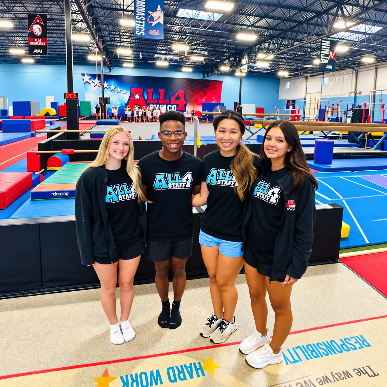 Four coaches in black All 4 Staff shirts standing together in the gym